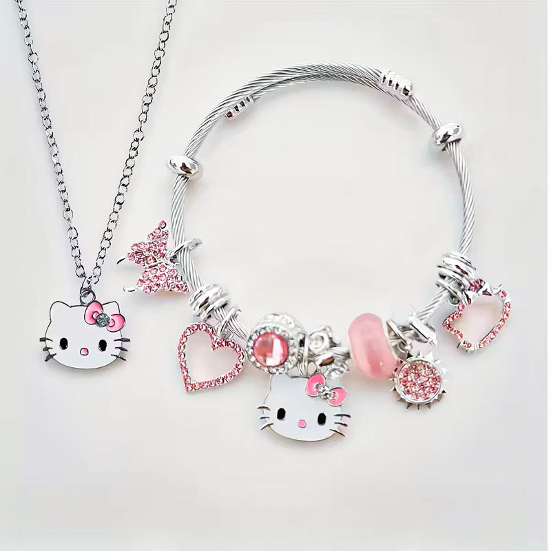 Set de Joyería Hello Kitty Sanrio(Collar + Pulsera) – Diseño Kawaii con Mariposas y Corazones Calados - Esmalte Brillante, Color Plateado y Rosa - Regalo Ideal para Mujer