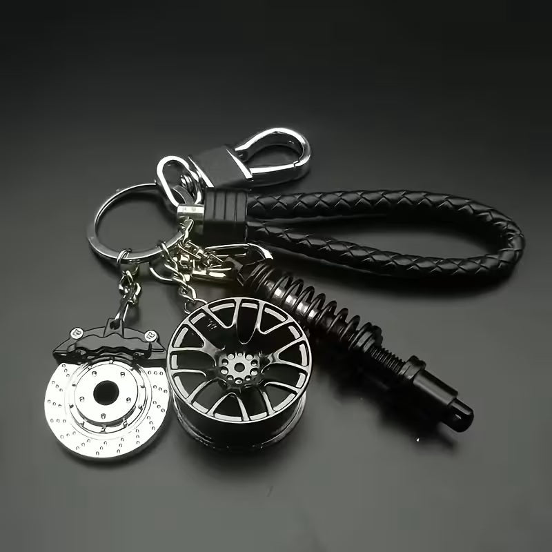 Llavero Temático de Autos de Carrera de Metal con Diseño Mecánico Negro