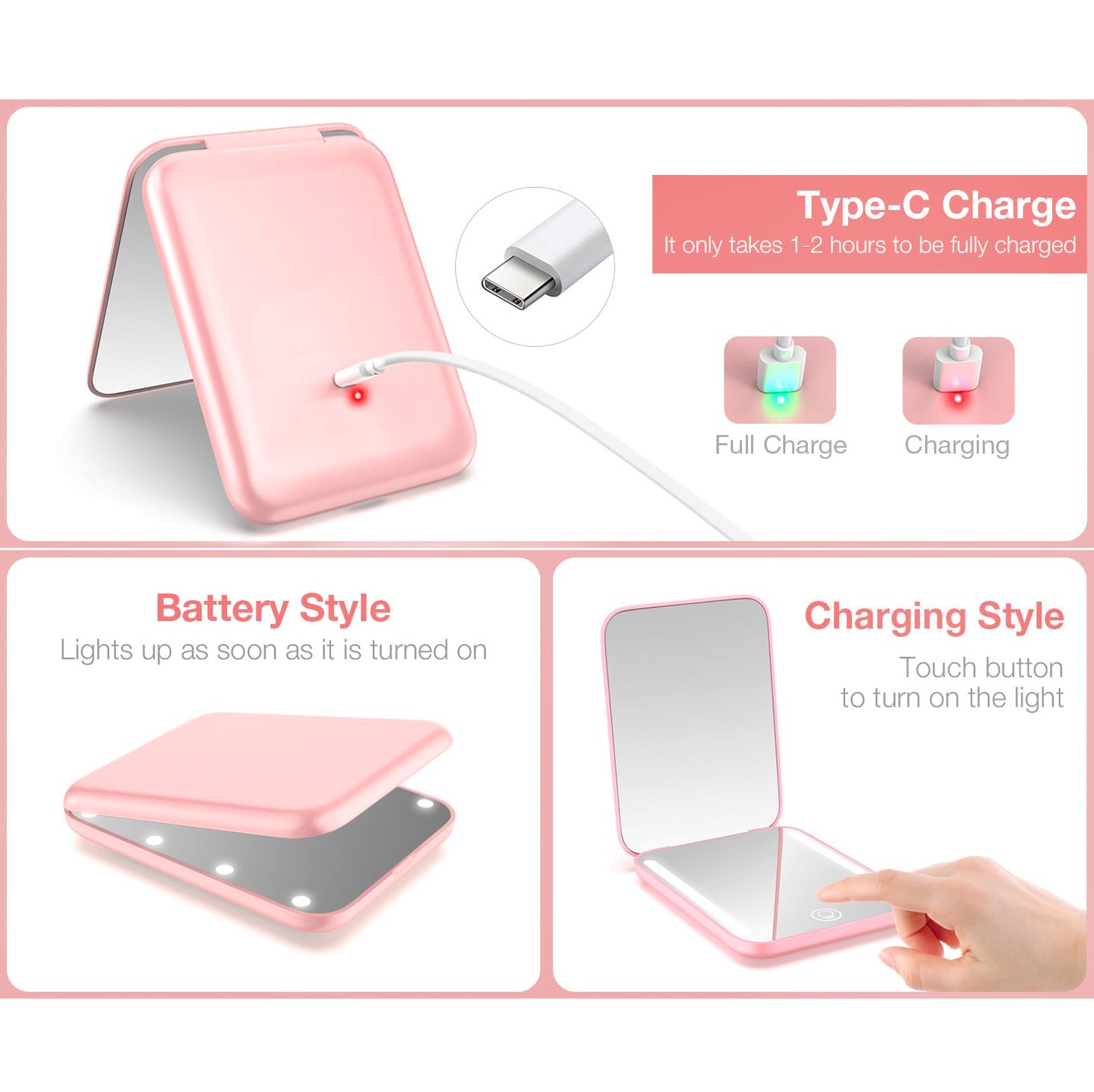 Espejo Compacto Recargable con Luz LED 3 Tonos