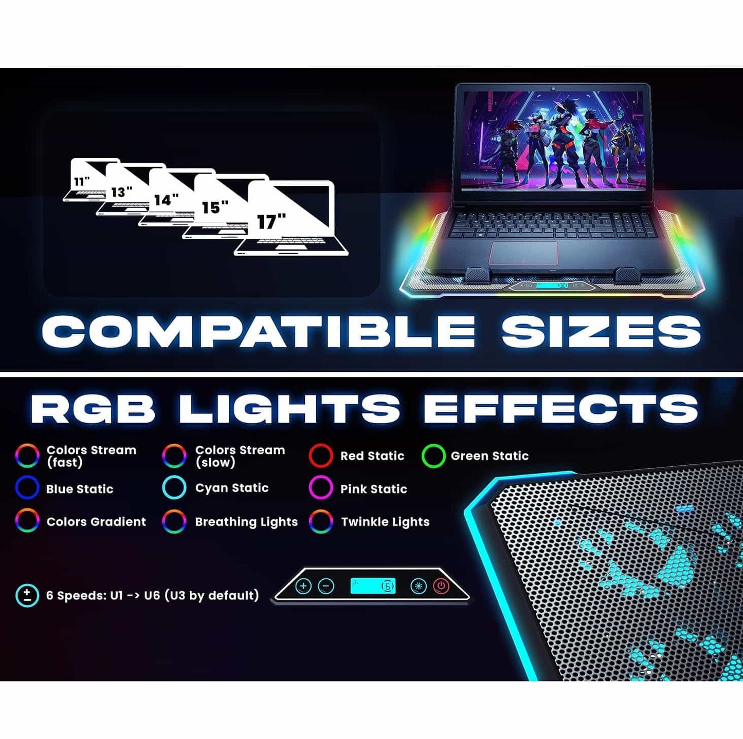 Base Enfriadora Laptop PRO 14 Ventiladores RGB Hasta 17" Gamer