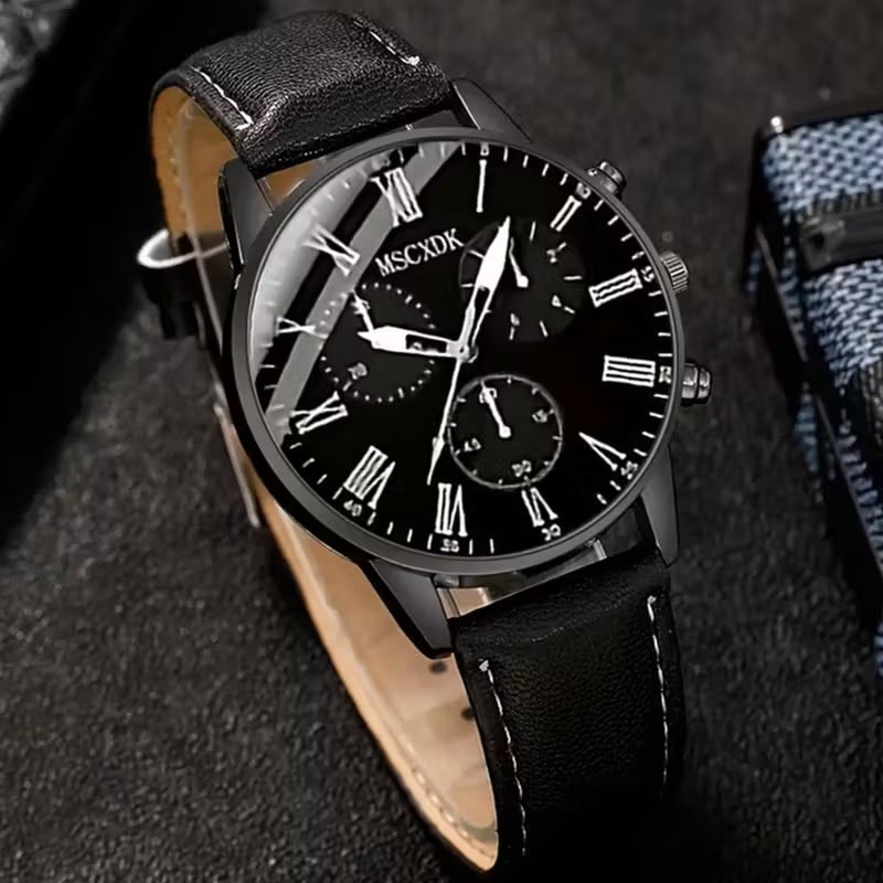 Set de Accesorios de Moda para Hombre 5 Piezas - Reloj Pulsera Anillo Collar Billetera - Negro