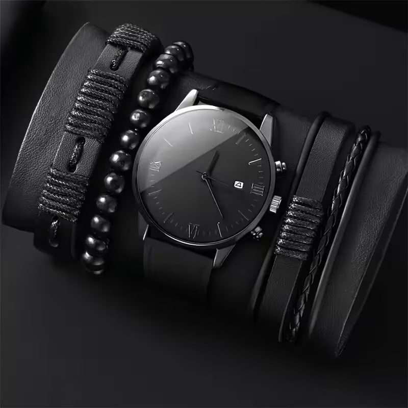 Set de Accesorios de Moda para Hombre 4 Piezas - Pulseras y Reloj - Negro