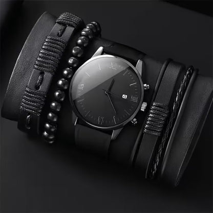 Set de Accesorios de Moda para Hombre 4 Piezas - Pulseras y Reloj - Negro
