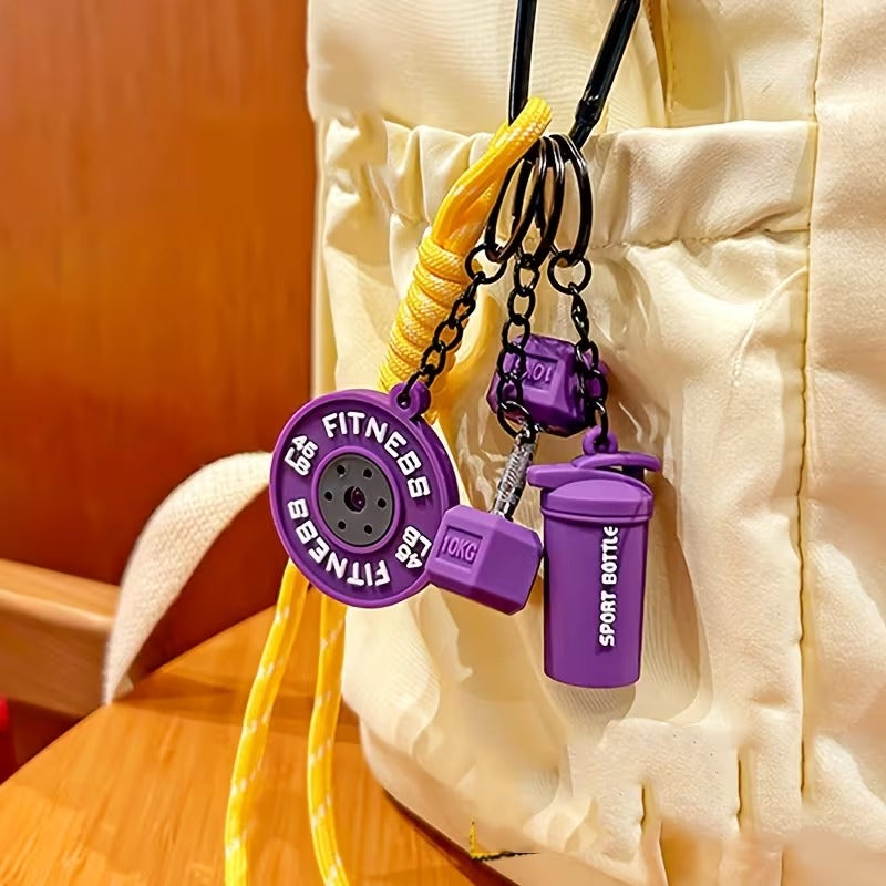 Llavero Deportivo Temático - Mini Mancuerna, Mini Barra de Pesas y Mini Botella Deportiva - Accesorio creativo para Mujer - Fitness - Morado