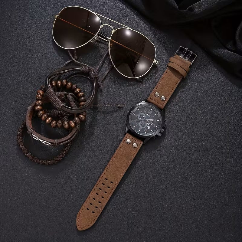 Set de Accesorios de Moda para Hombre 6 Piezas - Reloj Pulseras Gafas Aviador - Café Oscuro