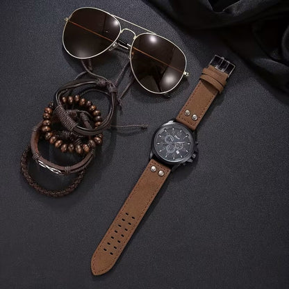 Set de Accesorios de Moda para Hombre 6 Piezas - Reloj Pulseras Gafas Aviador - Café Oscuro