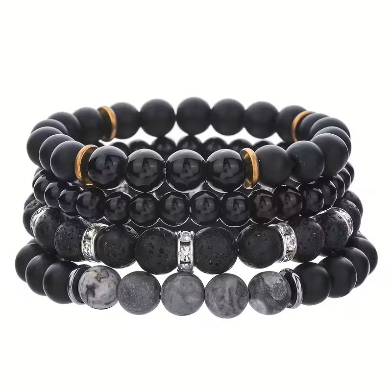 Pulseras para Hombre de Piedra Volcánica Obsidiana – Juego de 4  Pulseras - Diseño Escarchado, Capas Superpuestas, Elegante y Versátil