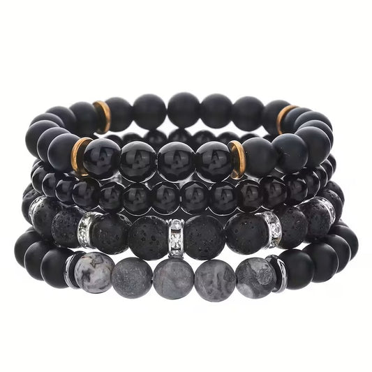 Pulseras para Hombre de Piedra Volcánica Obsidiana – Juego de 4  Pulseras - Diseño Escarchado, Capas Superpuestas, Elegante y Versátil