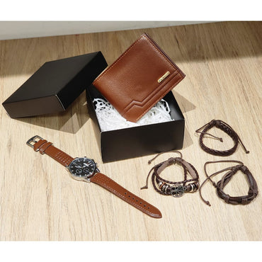 Set de Accesorios de Moda para Hombre 5 Piezas - Reloj Pulseras Billetera - Café Claro