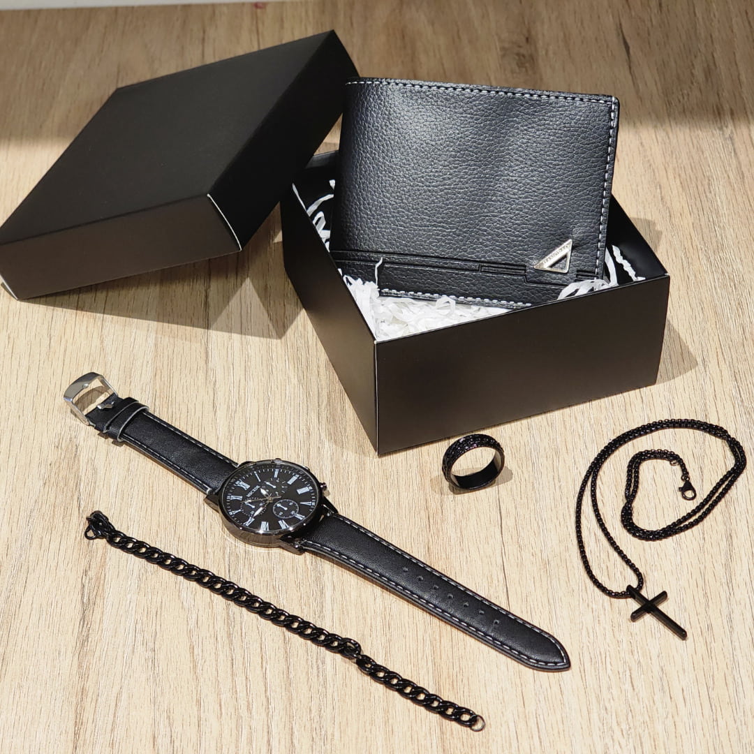 Set de Accesorios de Moda para Hombre 5 Piezas - Reloj Pulsera Anillo Collar Billetera - Negro