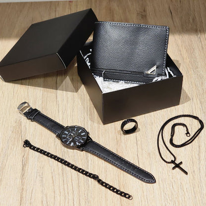 Set de Accesorios de Moda para Hombre 5 Piezas - Reloj Pulsera Anillo Collar Billetera - Negro