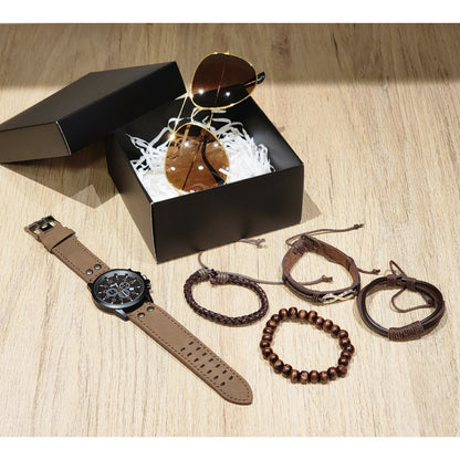 Set de Accesorios de Moda para Hombre 6 Piezas - Reloj Pulseras Gafas Aviador - Café Oscuro