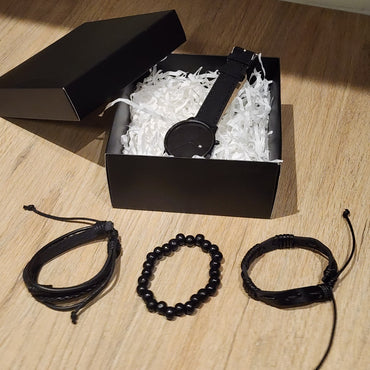 Set de Accesorios de Moda para Hombre 4 Piezas - Pulseras y Reloj - Negro