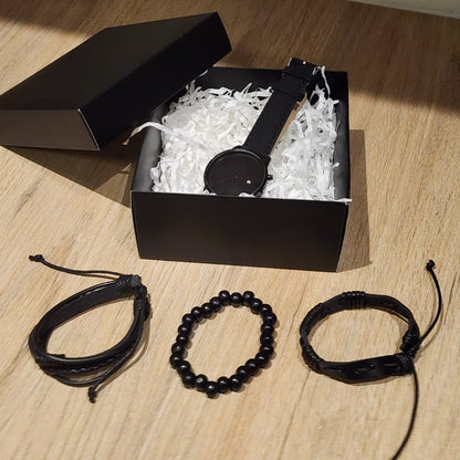 Set de Accesorios de Moda para Hombre 4 Piezas - Pulseras y Reloj - Negro