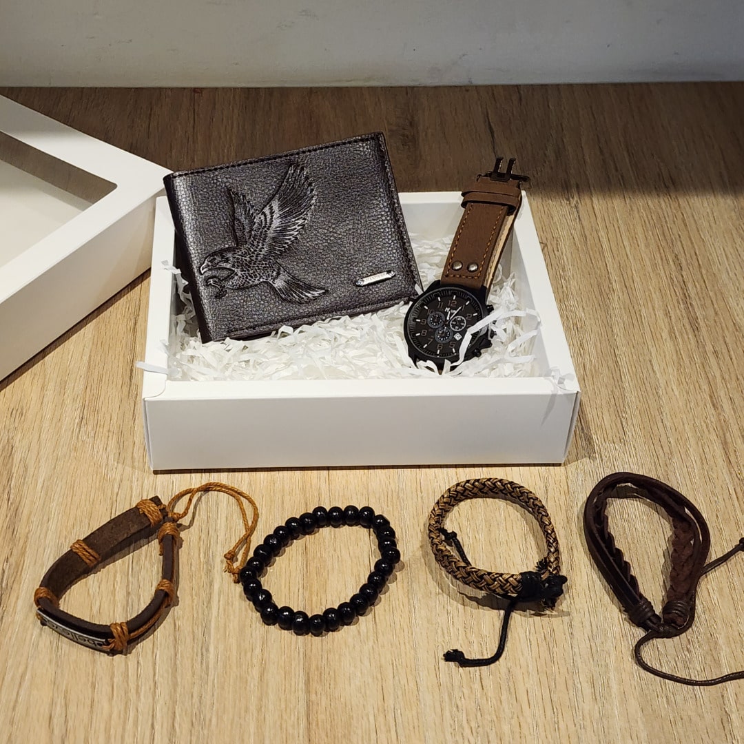 Set de Accesorios de Moda para Hombre 6 Piezas - Reloj Pulseras Billetera - Café Oscuro Aguila