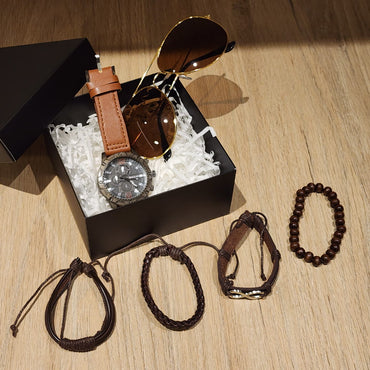 Set de Accesorios de Moda para Hombre 6 Piezas - Reloj Pulseras Gafas Aviador - Café Oscuro y Claro