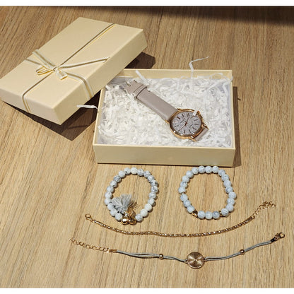 Set de Accesorios para Mujer 5pz Reloj y Pulseras Rose Gold Piedra Gris