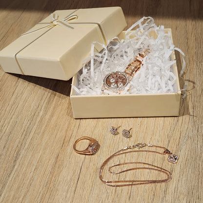 Set de Accesorios para Mujer 5pz Aretes Anillo Reloj Collar Rose Gold