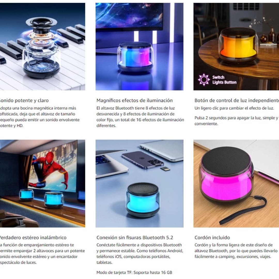 Parlante Bluetooth LENRUE A64 con Luces LED Portátil