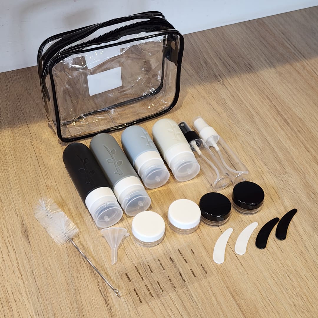 Set de 18 Botellas y Atomizadores de Viaje – Rellenables y Antifugas