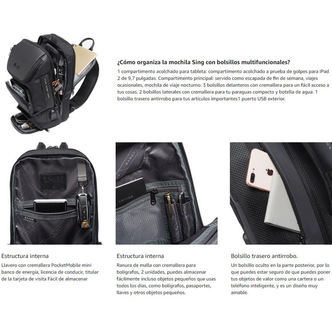 Mochila Bandolera Antirrobo BANGE Impermeable con USB