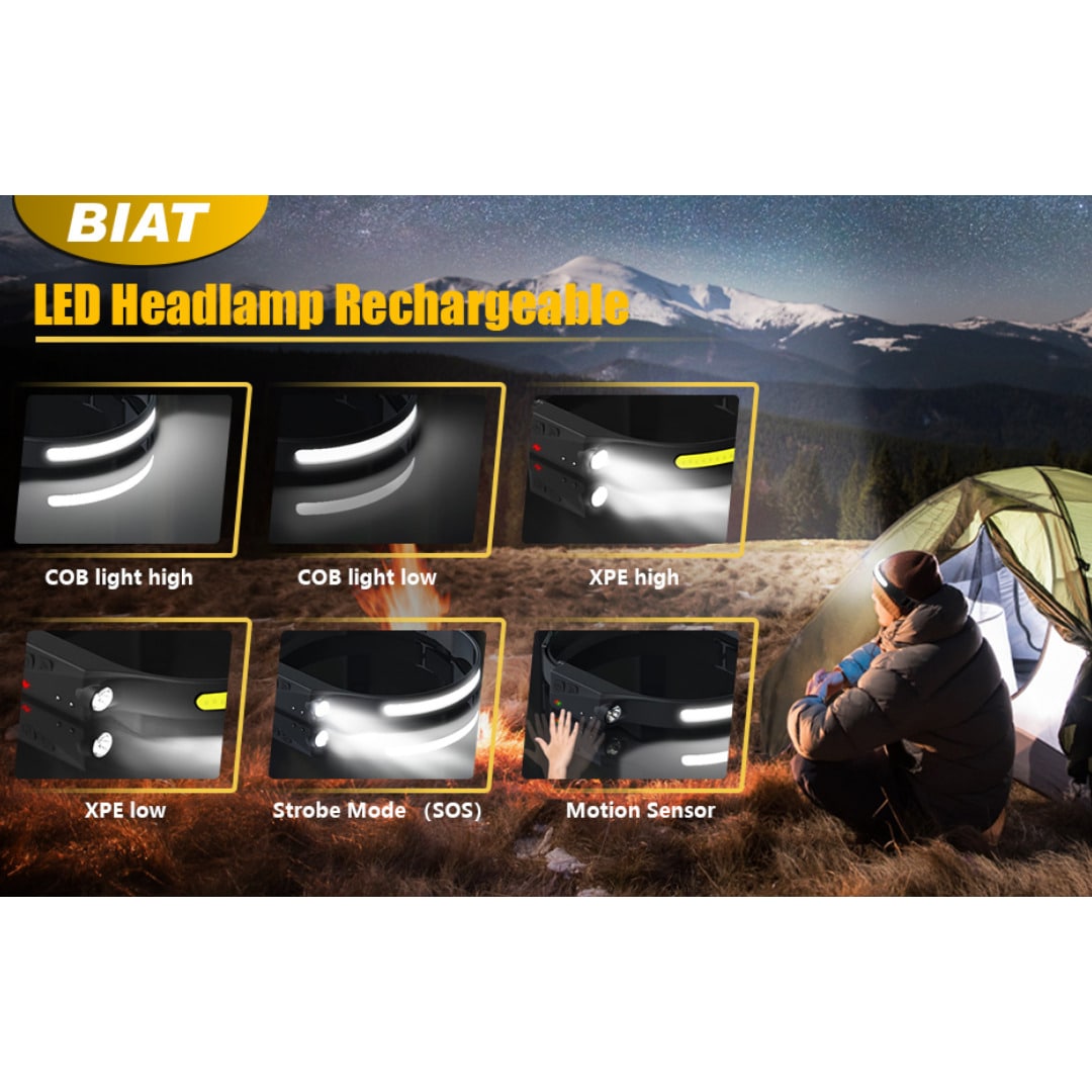 Linterna Frontal LED 230° Recargable con Sensor IPX4