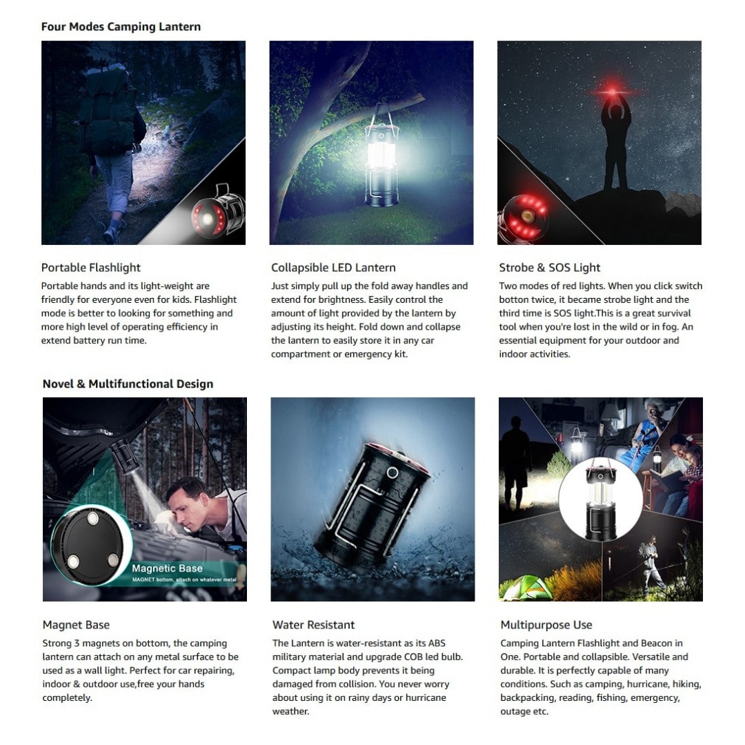 Linterna LED Camping Recargable 360° Emergencias SOS