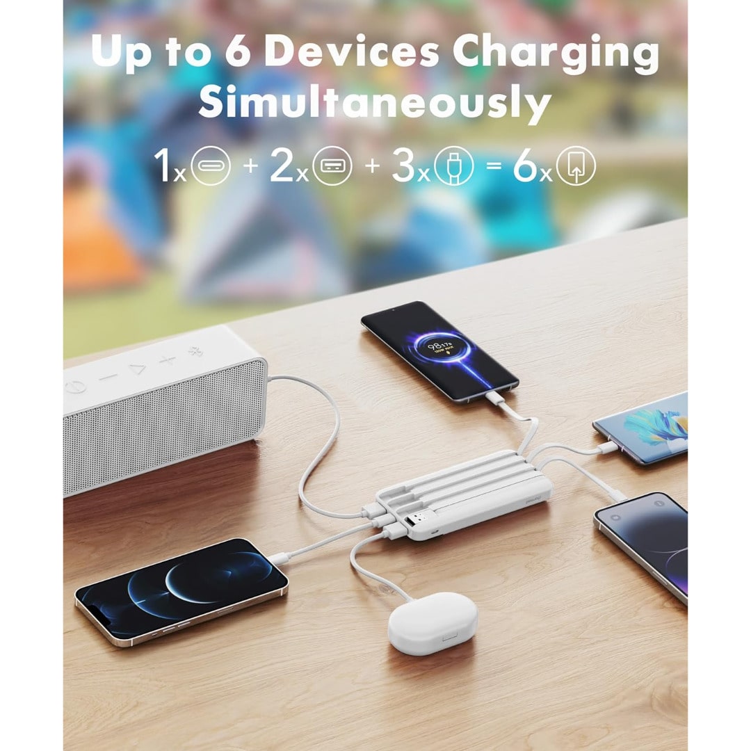 Power Bank 10000mAh 4 Cables Integrados USB-C Carga Rápida Blanco
