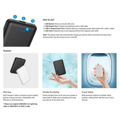Mini Power Bank 5000mAh USB-C 12W iPhone Samsung Pack x2
